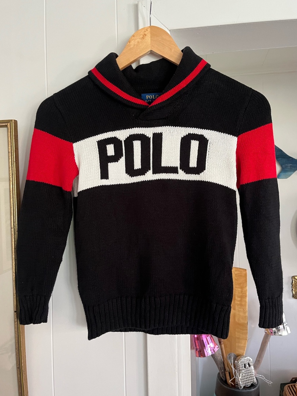 Polo Ralph Lauren Logo Cotton Shawl Collar Sweater Black White Red Intarsia 7